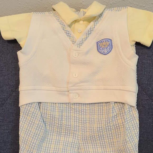 Yellow white and blue seersucker romper with attached vest - Picture 1 of 5